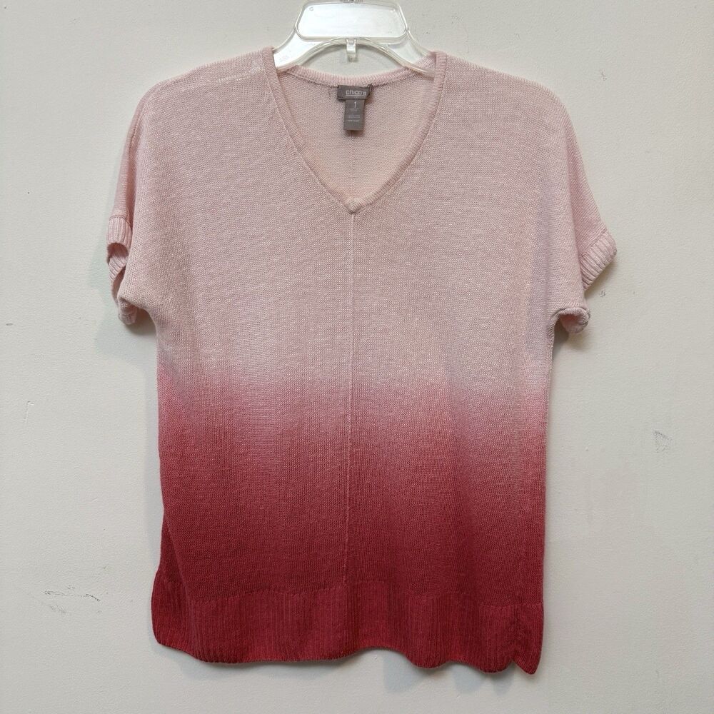 Chico’s Linen Blend Ombre Pink Red V-Neck Short Sleeve Sweater Top Size 1 Medium
